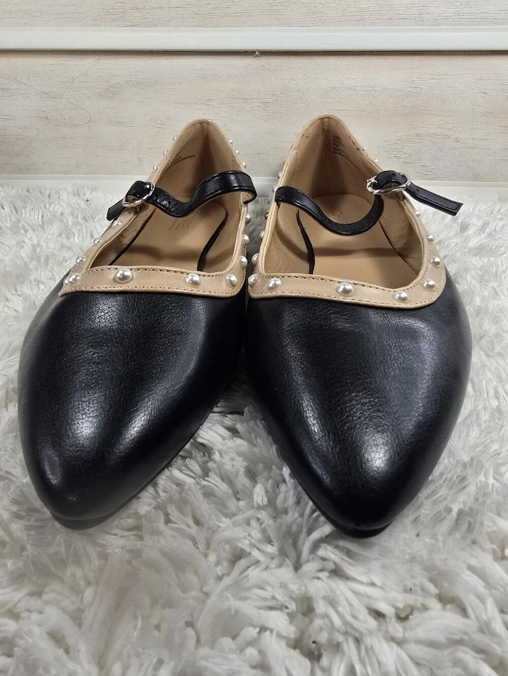 MICHAEL Michael Kors Black Mary Jane Flats with Pearl-Trim Beige Trim_6